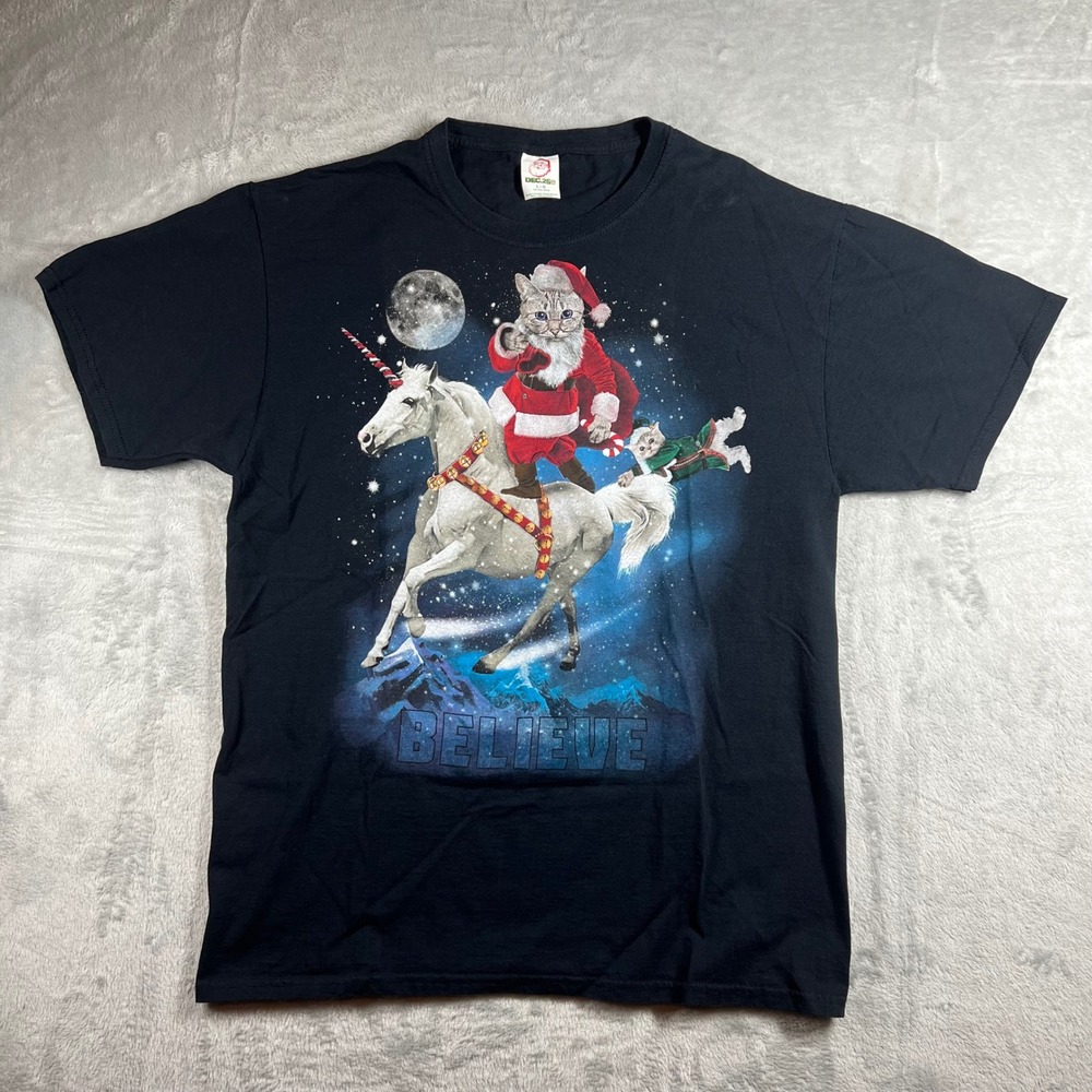 Dec 25th Santa Cat Riding Unicorn‎ Believe Christmas T-Shirt Black Mens Large